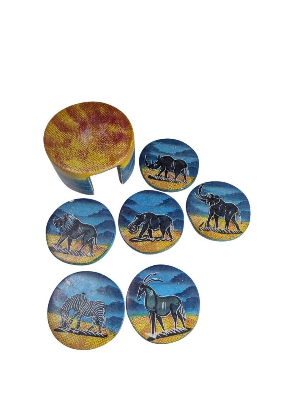 African Animal-Themed Soapstone Coaster Set With Holder Hand-Painted Vibrant Saf